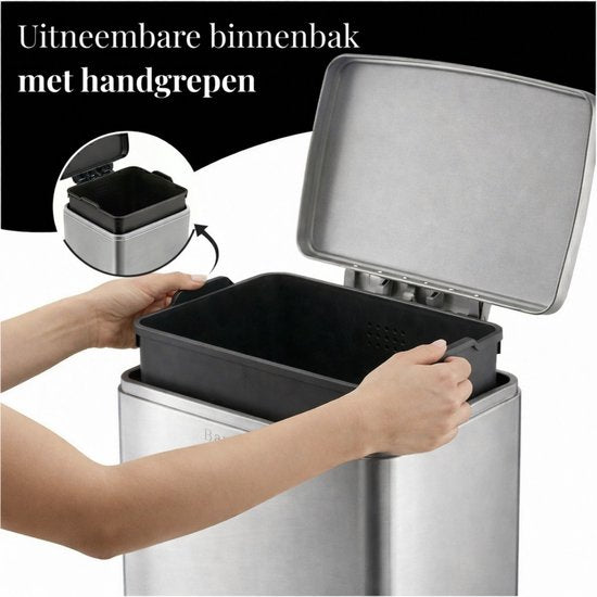 Bayt Prullenbak - Prullenbak 60 Liter - Inclusief 2 rollen vuilniszakken - Vuilnisbak 60 Liter - Pedaalemmer 60 Liter - Afvalbak - RVS - Zilver