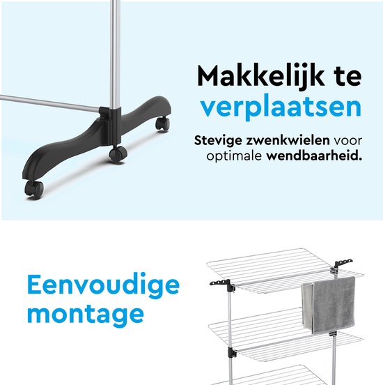 BRASQ Droogtoren Inklapbaar 3 Lagen - Drooglengte 36 Meter - Wasrek met Wieltjes en houders - Droogrek - Wastoren 77x73x140 cm