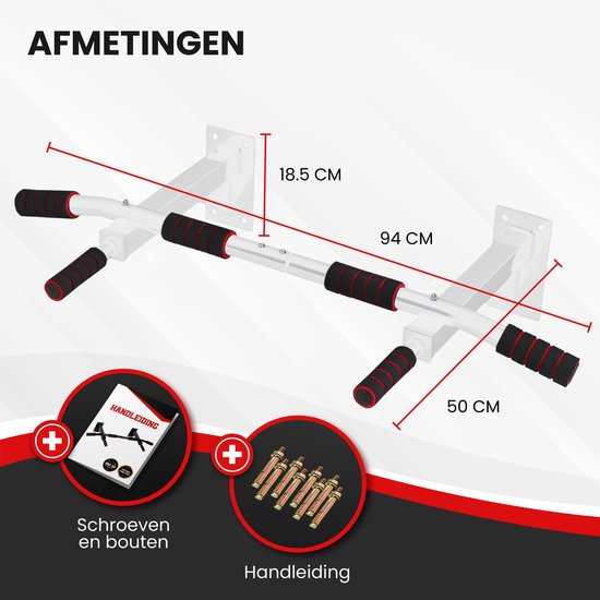 TTD® Premium Pull Up Bar - Pull Up Station - Optrekstang Wandmontage - Dip Station - Dip Bars - Thuis Sporten - Thuis Fitness - Premium materialen - Extra stevige montage onderdelen - Home workout - Wit/Rood