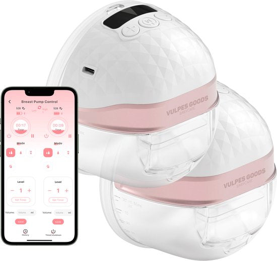 Vulpes Goods® BabyCare - Elektrische Draadloze Borstkolf PRO V2 – Handsfree – Draagbaar – APP Bedienbaar – BPA-Vrij – Inclusief Borstschildverkleiners, Bewaarzakjes & Reistas – 2 Stuks