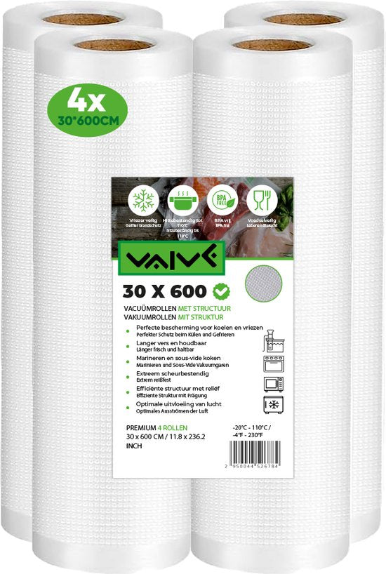 Vaive Vacumeerrollen 4 stuks - 30 x 600 - Vacuumzakken Voedsel - Vacumeerzakken - Vacuum / sous vide zakken - BPA vrij