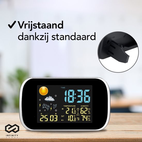 Infinity Goods Weerstation - Weersverwachting - Hygrometer - Binnen en Buiten - Temperatuur - Luchtvochtigheid - Draadloze Buitensensor - 100M bereik - Zwart