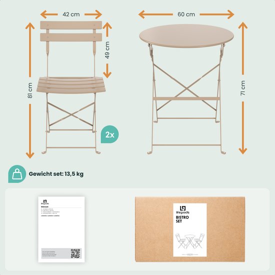 LifeGoods Bistroset - Staal - 3-delig - Tuinset - Inklapbaar - Balkonset met Tafel - Weerbestendig - Taupe