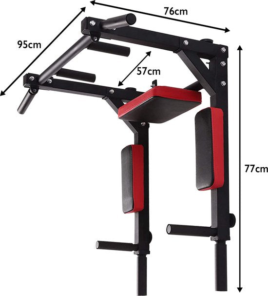 Zoluko Dip & Pull Up Bar – Professioneel Wandmodel – 200kg Draagkracht – 2-in-1 Dip Station – Incl. E-book – Zwart/Rood