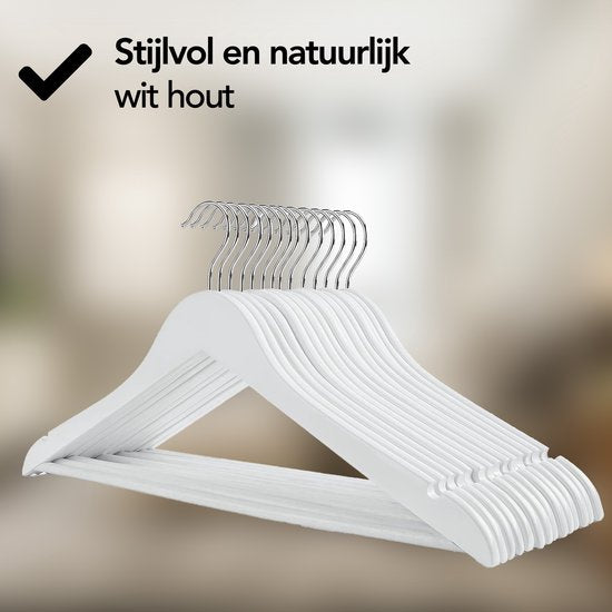 Infinity Goods 30 Houten Kledinghangers Wit - Kleerhanger - Inkeping en Broeklat - Metalen Haak - Volwassenen - 30 Stuks - Wit