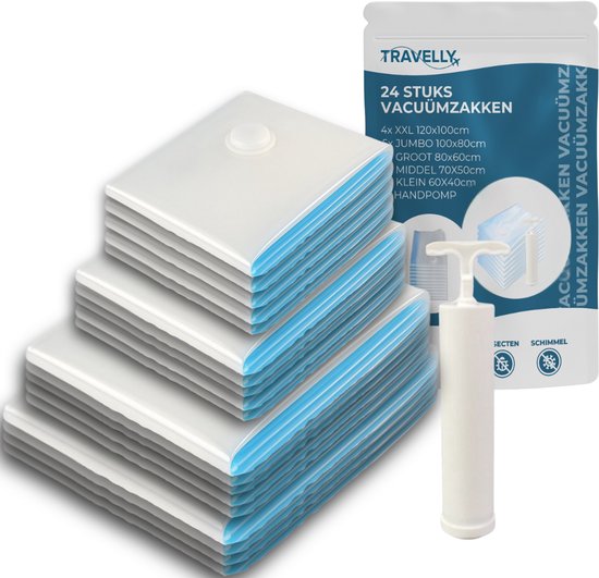 Travelly® Vacuümzakken & Reiszakken Set – Kleding Opbergen & Reizen – Luchtdicht – Inclusief Pomp - Herbruikbaar – Ruimtebesparend – Set van 24 – Transparant