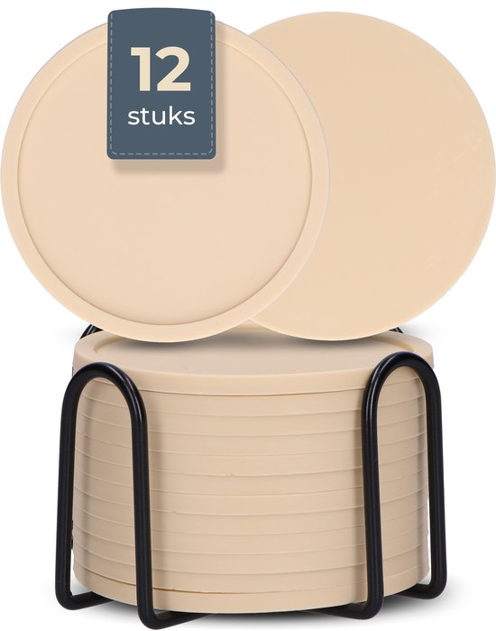Castagnola Siliconen Onderzetters – Onderzetters voor Glazen – Design Onderzetters met Houder – Onderzettersset – Anti Slip - Set van 12 – Beige