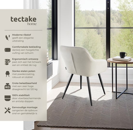 tectake® Eetkamerstoelen Marilyn - Gestoffeerde Stoelen met Koordlook/ribstof - Zwarte Stoelpoten - Ergonomische Keukenstoel - Stoel voor Eetkamer, Woonkamer, Slaapkamer - Creme