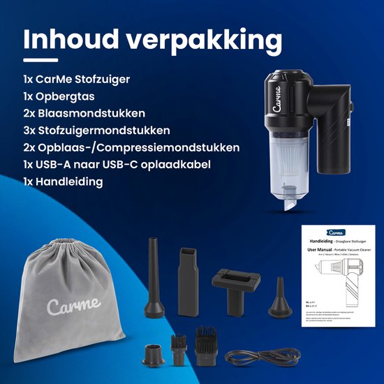 CarMe 2-in-1 Auto Stofzuiger - Zuigen & Blazen - Kruimeldief - 7 Opzetstukken - Oplaadbaar - Handstofzuiger - Airduster - Zwart