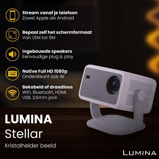Lumina® Stellar Beamer 2025 - 4K Ultra HD - Automatisch Scherp- en Rechtstellen - Alles-in-één Smart TV Projector - Voor iOS & Android - Wit