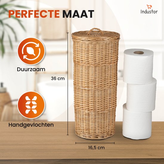 Industor® Toiletrolhouder Staand van handgevlochten Riet - Wc rolhouder voor 3 Rollen met Deksel - Toiletrolhouders, Badkamer Accessoires en Decoratie
