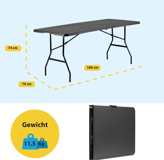 BRASQ Inklapbare Vouwtafel Zwart - 180x70x74cm- Campingtafel - Klaptafel - Weerbestendig - Tafel met draaghandvat