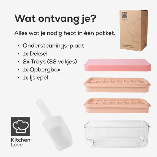 KitchenLove IJsblokjesmaker - IJsblokjesvorm met Deksel & IJsschep - 64 IJsblokjes
