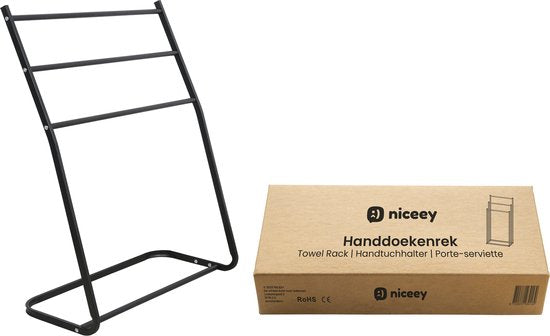 Niceey Handdoekrek - 3 Armen - Handdoekstang - Handdoekenrek Badkamer - Handdoekhouder Vrijstaand - Metaal - Anti-Kras Viltjes - Zwart