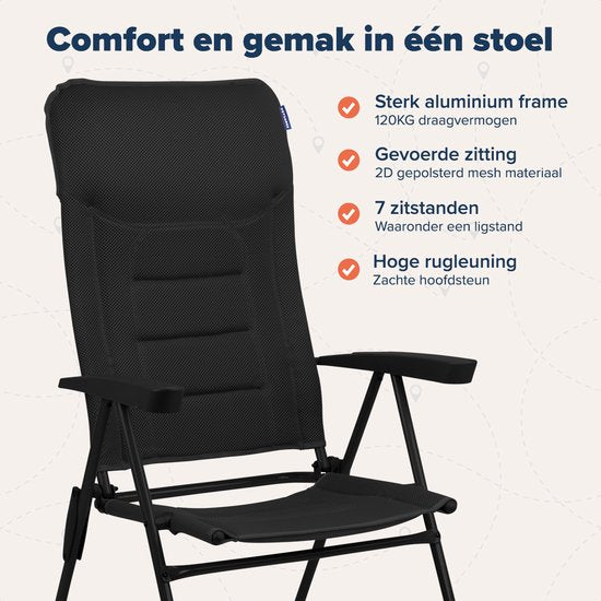 TRVLMORE Campingstoel - 7 standen - Comfortabele Kampeerstoel - 120 kg draagvermogen - Ligstand - Inklapbare stoel - Klapstoel - Zwart