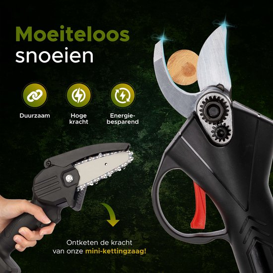 Qualitá® Elektrische Snoeischaar - 2 in 1 Qualitá® Elektrische Snoeischaar - Heggenschaar Accu - Elektrische Snoeischaar - Heggenschaar Elektrisch - Elektrische Heggenschaar - Heggeschaar Electrisch - Takkenschaar - Mini Kettingzaag - Bloemenschaar
