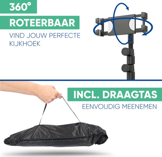 Serve Tablet Standaard - Tripod Houder Statief voor Smartphone & Tablet - Incl. Draagtas & Bluetooth Remote - iPad Tablethouder Lessenaar Aluminium - Zwart