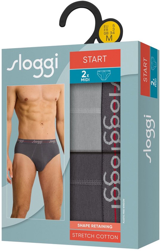 Sloggi Start Midi 2-Pack Slip - Heren - Katoen/Elastaan - Regular Waist - Elastische Band - Zwart/Grijs - Maat XL