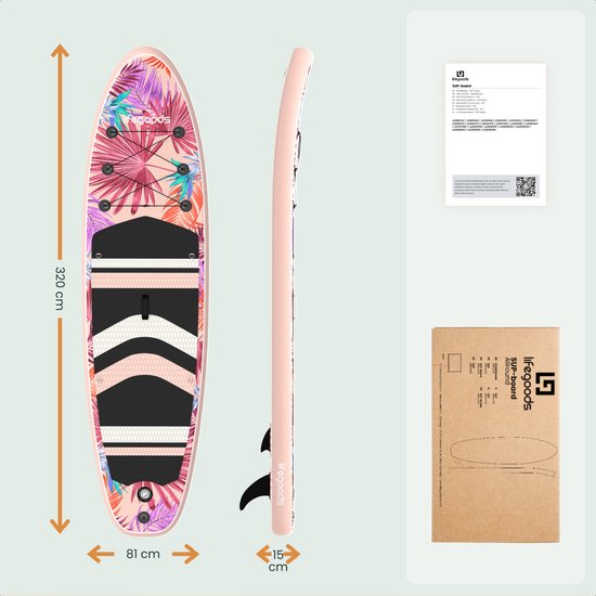 LifeGoods PaddlePro SUP Board - met Zitje - Opblaasbaar Paddle Board - Complete Set - Max. 150KG - 320x81cm - Tropical Roze