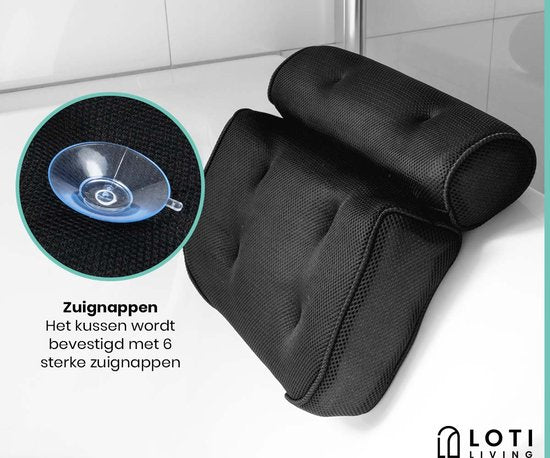 Loti Living Badkussen voor in bad – Badkussen – Nekkussen bad – Hoofdsteun bad – Badkussen met zuignappen – 6 Zuignappen – Ergonomisch nekkussen – Antislip - Zwart