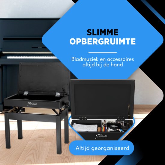 Finesse Premium Pianobank - Hoogte Verstelbaar - met Opbergruimte - Zacht Kussen - Pianokruk - Pianostoel - Zwart