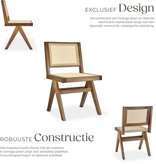 tectake® Houten Stoel Lizzy - Licht Eiken - Eetkamerstoel met Weens Vlechtwerk - Boho-Stijl Stoel met Rugleuning - Massief Houten Frame - Belastbaarheid 120 kg