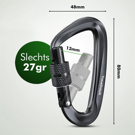Travelhawk Karabijnhaak - Musketonhaak met Schroefsluiting - Karabijnhaak Sleutelhanger - Aluminium - Zwart