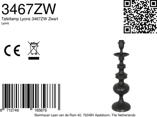 Anne Lighting tafellamp Lyons - zwart - metaal - 15,5 cm - E27 fitting - 3467ZW