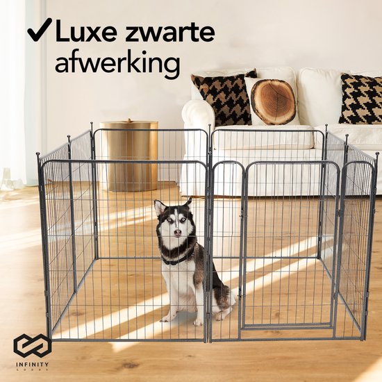 Infinity Goods Hondenren - Puppyren - 8 Panelen - 80 x 80 CM - 640 CM Omtrek - Opvouwbaar - Met Deur - Staal - Zwart