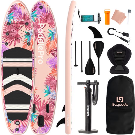 LifeGoods PaddlePro SUP Board - met Zitje - Opblaasbaar Paddle Board - Complete Set - Max. 150KG - 320x81cm - Tropical Roze