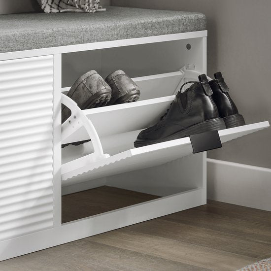 SoBuy FSR147-W Schoenenbank - Witte Opbergbank met 2 Kleppen & Kussen