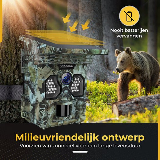 ODESSEY WildCamera met Zonnepaneel - 4K - 48MP - 64GB SD - met Nachtzicht - voor Buiten - Infrarood
