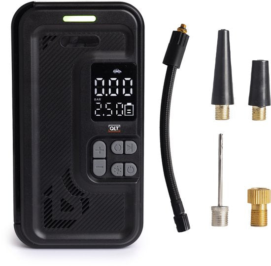 QLT Luchtcompressor met Opbergvak – Draadloze Mini Compressor met LED Drukindicator, SOS-Functie en Accessoires voor Auto, Fiets of Luchtbed
