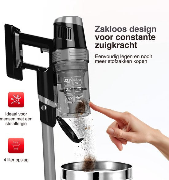 TurboTronic CF7 Draadloze Steelstofzuiger met Handstofzuiger - Hoge Zuigkracht - Kruimeldief - Zwart/Zilver