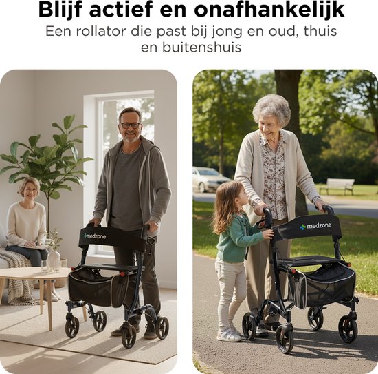 Medzone Rollator Lichtgewicht en Opvouwbaar - Binnen en Buiten - Zitfunctie - Rugleuning en Wandelstok Houder - Zwart