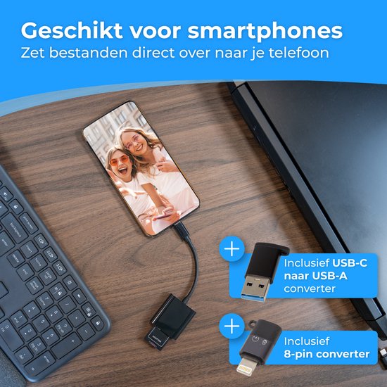 Nuvance SD Kaart Lezer - SD Kaartlezer USB C - Card Reader - Incl. Usb & 8-Pin Converters - Geheugenkaartlezer Micro SD - Zwart