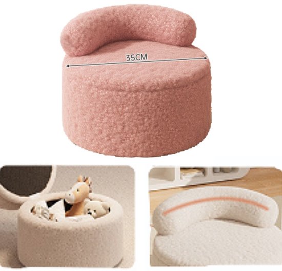 Ceruzo Kinderpoef – Roze Opbergstoel – Teddy Boucle– Zachte rugsteun- Ø 35 -H28 cm