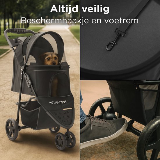 TrevoPet® Inklapbare Hondenbuggy - Voor Kleine en Middelgrote Honden tot 15 kg - Waterafstotend met Bekerhouder, Opbergmand - Zwart