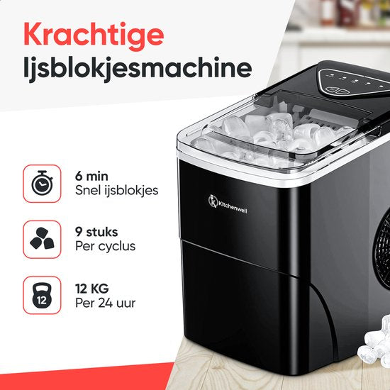 Kitchenwell IJsblokjesmachine – 2L - IJsblokjesmaker met IJsschep – 12kg/24 uur – Zelfreinigingsfunctie - Zwart