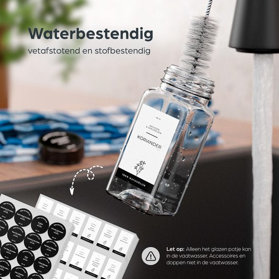 Organess 28 Glazen Kruidenpotjes Vierkant met Zwarte Deksel – 3 Soorten Strooideksels – Kruidenstrooier – Spice Jars – Complete Set incl Kruiden Stickers, Krijtstift en Accessoires – 120ml