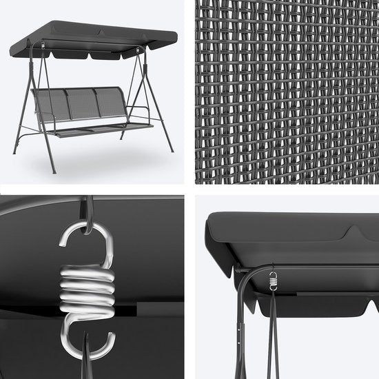 LifeGoods Schommelbank - 3-zits - tot 250KG - Kantelbaar Dak - UV-bestendig Zonnescherm - 172x104x162cm - Grijs