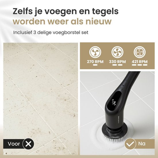 Vapore Elektrische Schoonmaakborstel - 14 Opzetstukken + Voegborstelset - 421 RPM Motor - 3 Snelheden - 118cm Uitschuifbare Steel - 3M Wandhouder - Poetsmachine - Schrobborstel - Voor Badkamer & Keuken