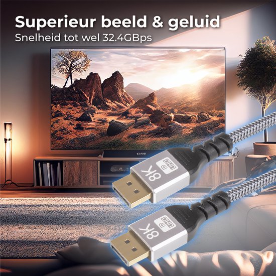 Nuvance - Displayport Kabel - 2 Meter Display Kabel - tot 32.4GBps - 8K Ultra HD - voor TV, Computer, Monitor, Projector & Beamer - Display Port