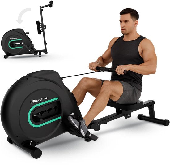 Flowsense Elvora Lite Roeimachine – Inklapbaar Roeiapparaat – Elastische Weerstand – LCD Display – Stil & Compact – Voor Gebruikers tot 200 cm / 115 kg – Thuis Fitness Roeitrainer