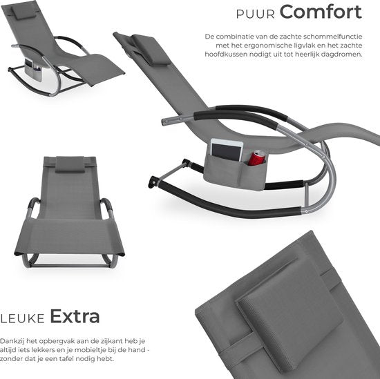 tectake® Ligstoel Taya - Ergonomisch Ligbed voor Tuin, Terras, Balkon - Relaxstoel met Schommelfunctie - Tuinstoel met Comfortabele Armleuningen, Hoofdsteun en Opbergvak - Weerbestendig en Waterafstotend - 120kg Draagkracht - Grijs
