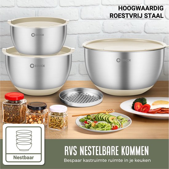 COOCK RVS Mengkommen set met Deksel - Beslagkommen met deksel - Bewaarbak met Rasp - Schaal voor Salades & Mengen - 22 Delige Set 1,5 t/m 5 Liter – Beige - Incl. Maatschepjes