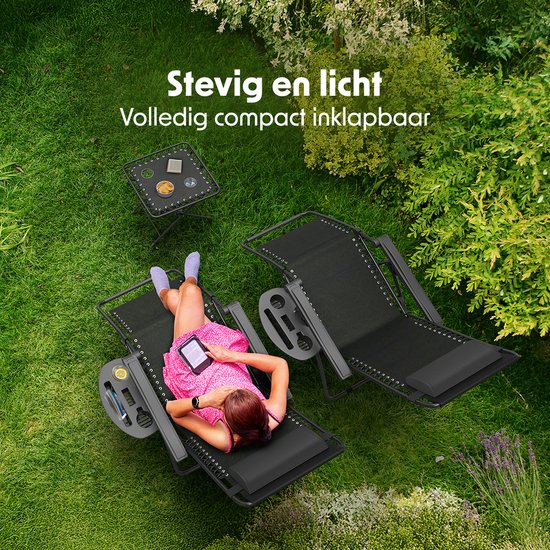 LifeGoods Ligstoelen - Opvouwbaar - Complete set - Met Bijzettafel - 30°-90° Verstelbaar - Tuinstoelen - Metaal - Zwart