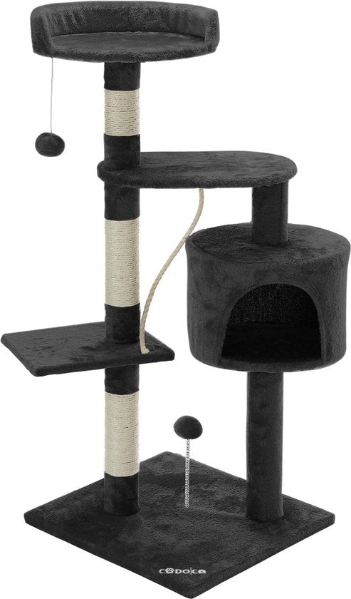 Cadoca Kattenboom donkergrijs met 3 kijkplekken, 1 grot, 2 speelballen en één touw