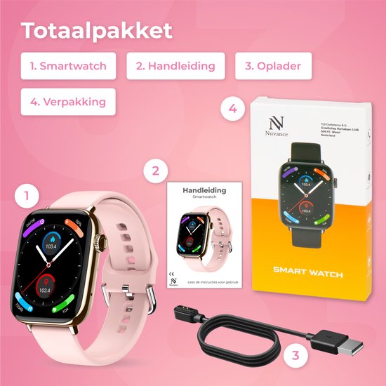 Nuvance - Smartwatch Heren & Dames met Bluetooth - IP68 Waterdicht - Geschikt voor alle Smartphones - Stappenteller en Hartslagmeter - Goud