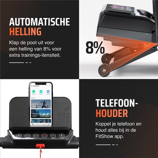 Loopband met Automatische Incline (8%) - Automatische helling - Inclusief antislipmat en app - Led scherm - 1 t/m 12 km/u - Inklapbaar - Walking pad - 8% Automatische Hellingfunctie - Loopbanden voor thuis - Wandelband - Hometrainer - Treadmill